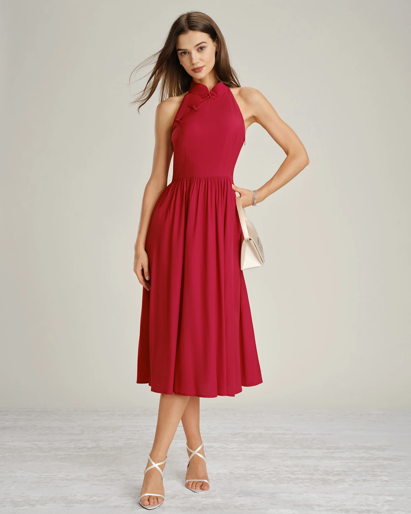 Red Mandarin Collar Pockets Midi Dress - Image 6