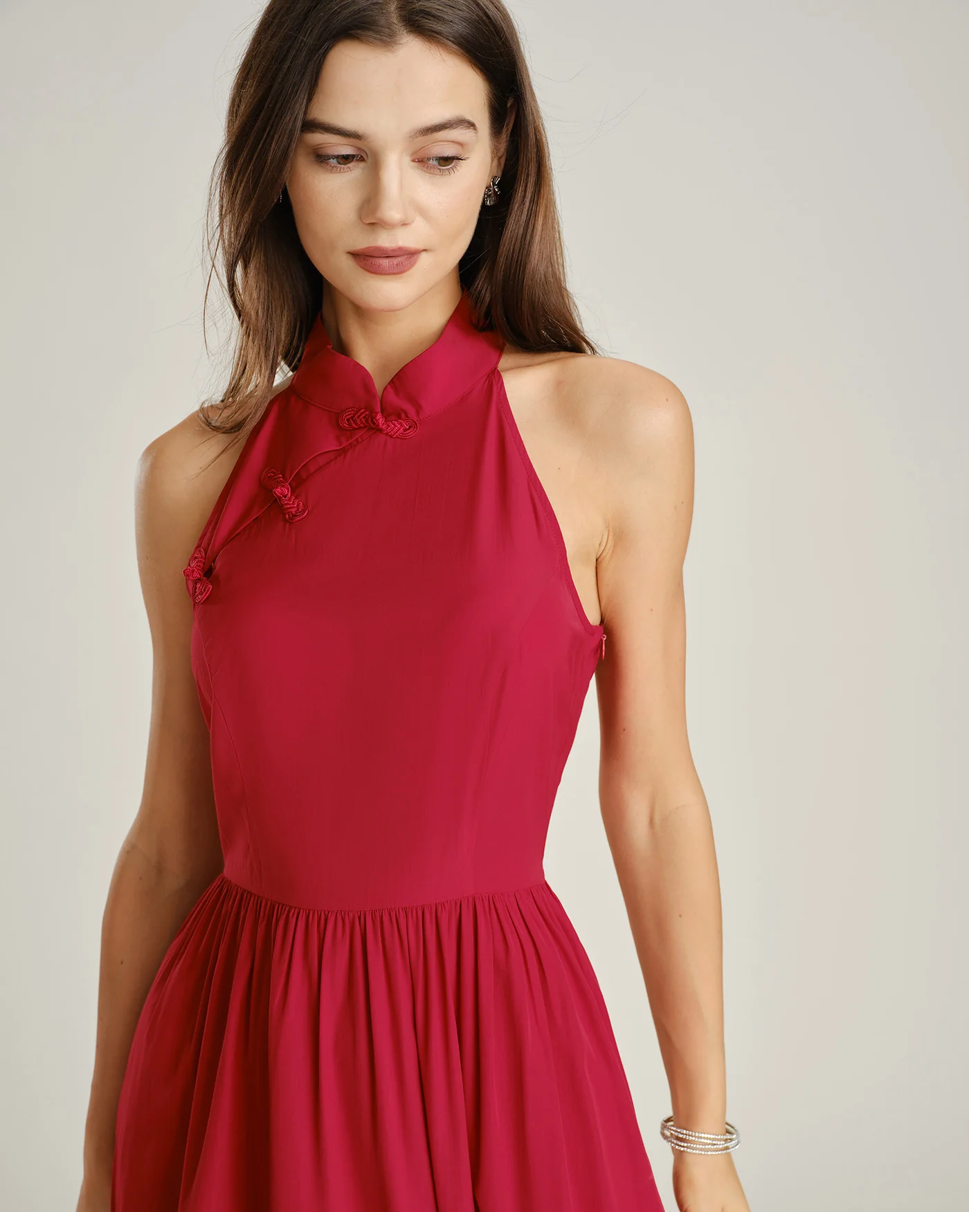 Red Mandarin Collar Pockets Midi Dress - Image 7