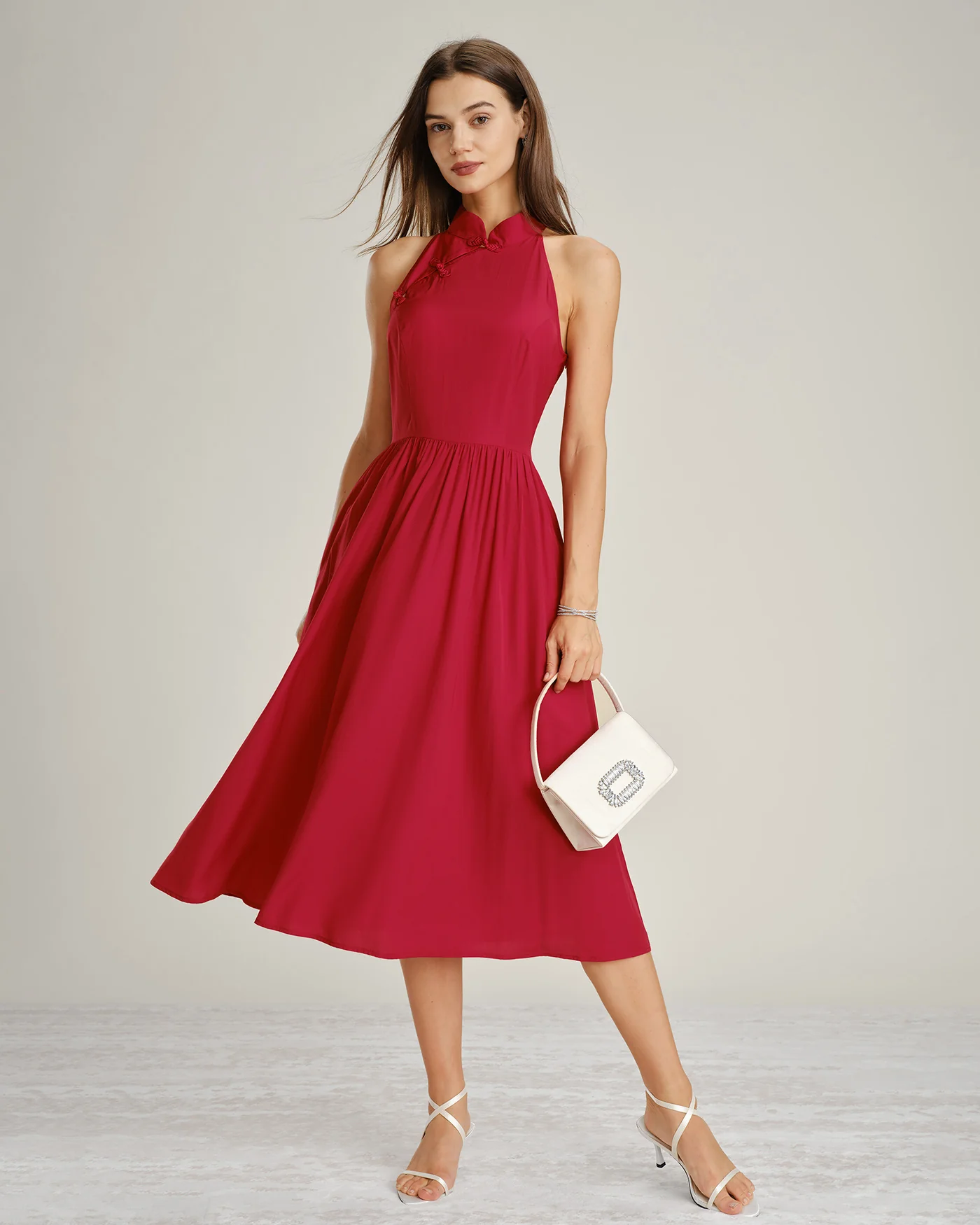 Red Mandarin Collar Pockets Midi Dress - Image 8