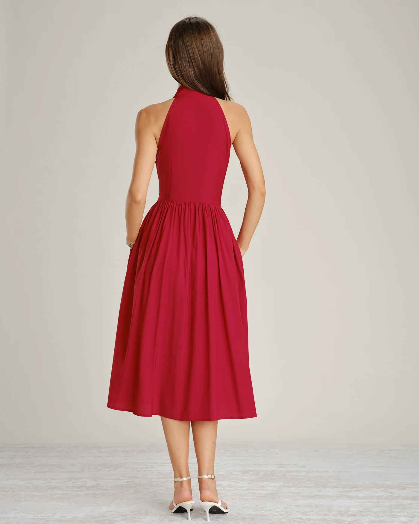 Red Mandarin Collar Pockets Midi Dress - Image 9