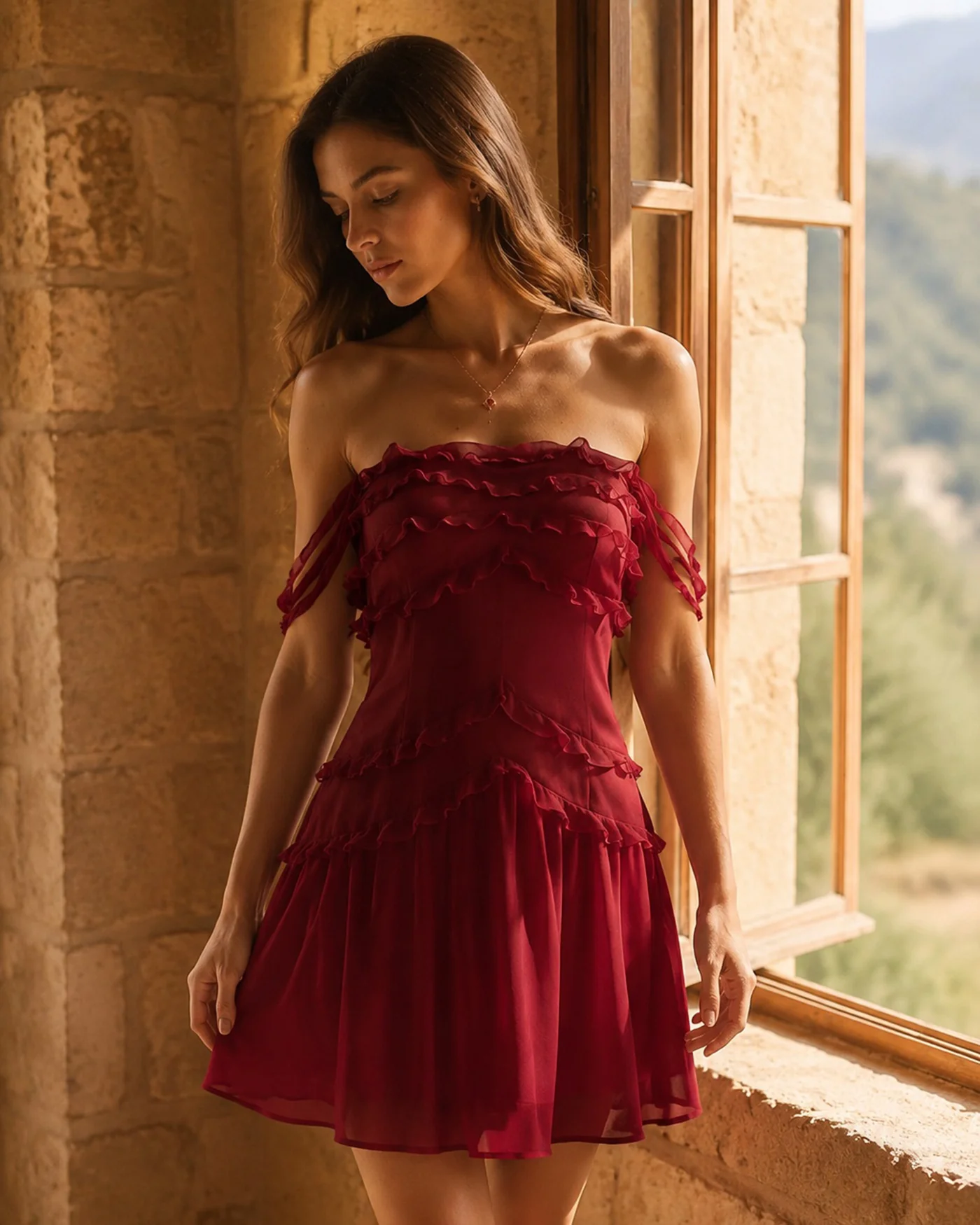 Red Ruffle Strapless Chiffon Mini Dress - Image 2