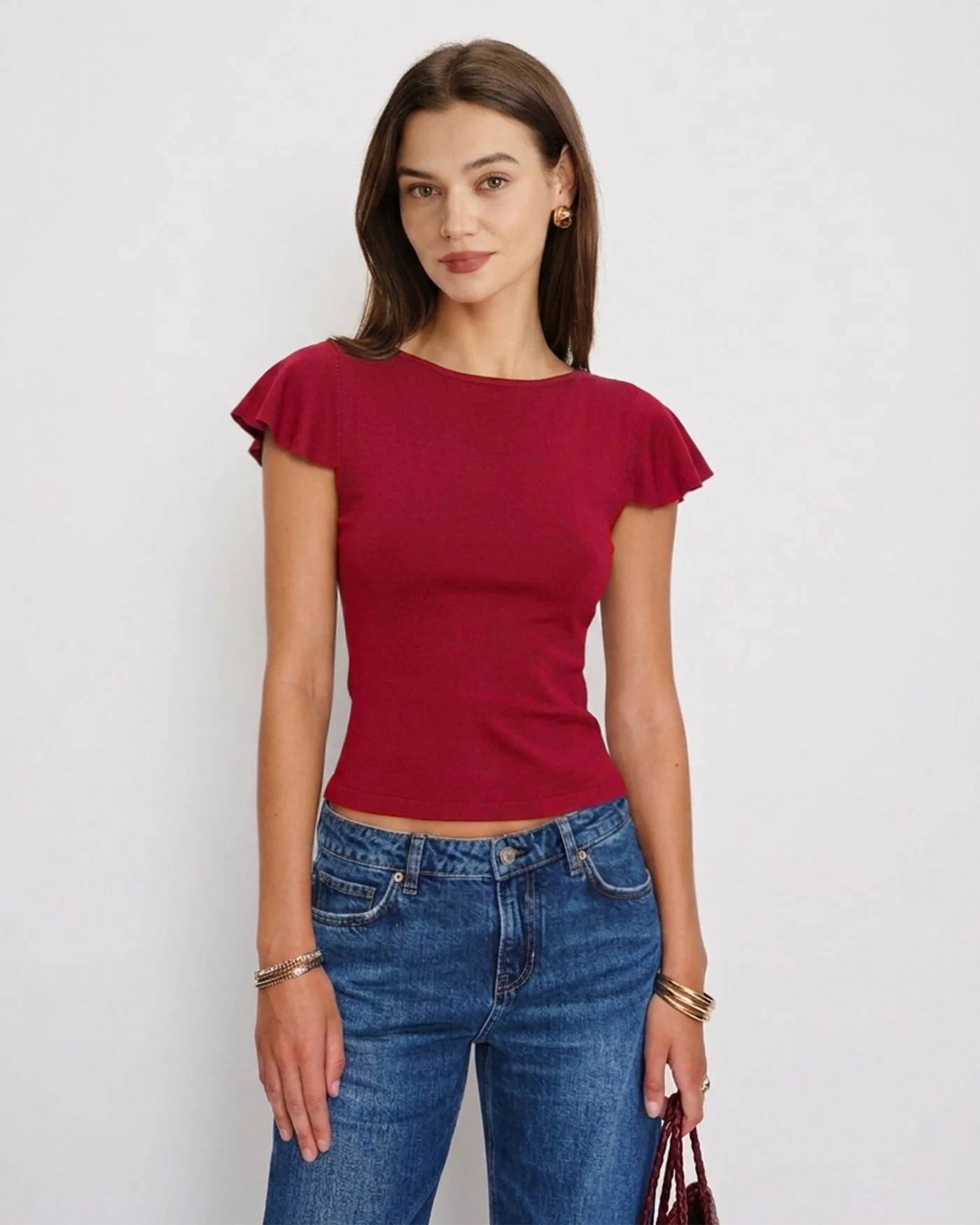 Red Solid Boat Neck Knit Tee - Image 4