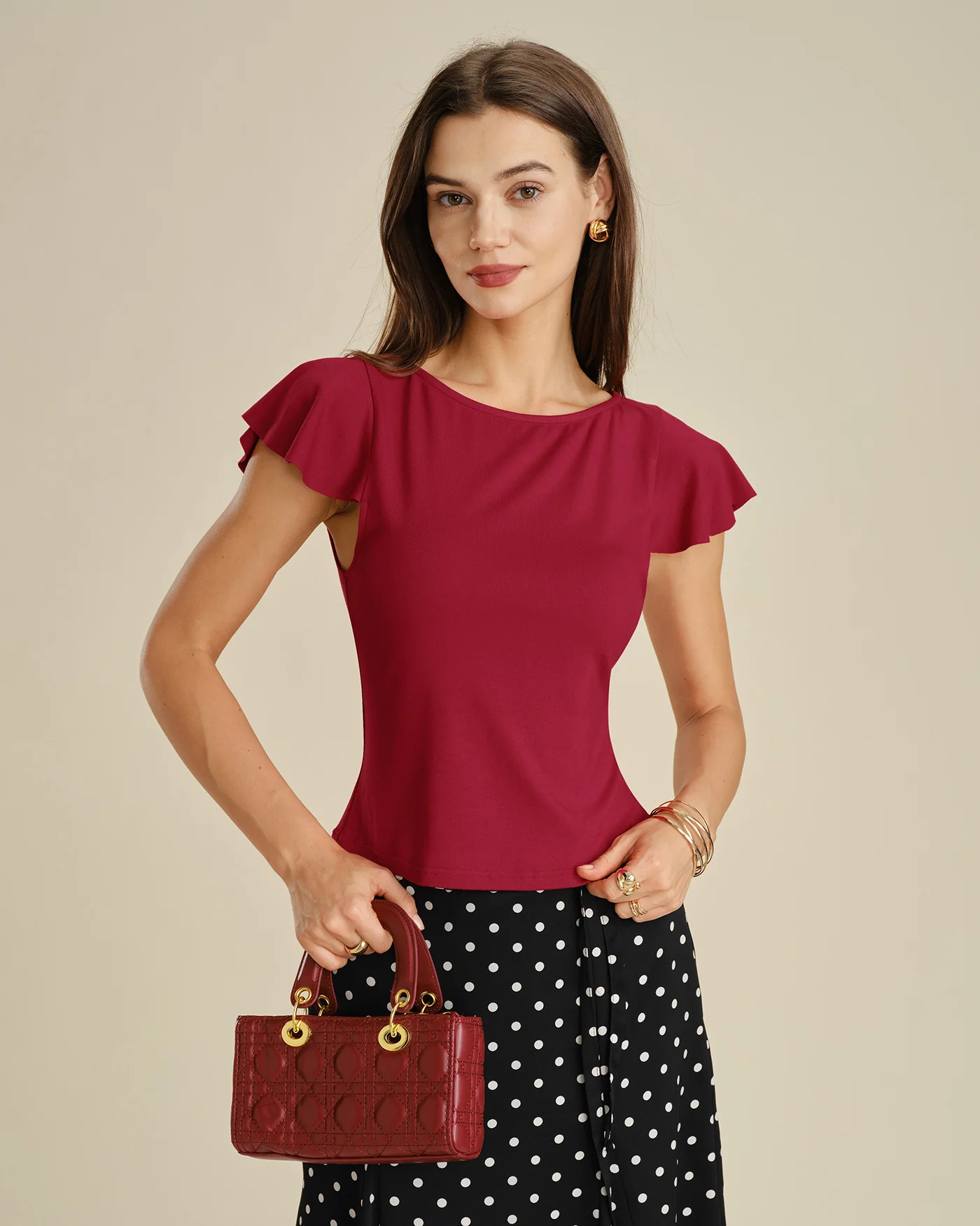 Red Solid Boat Neck Knit Tee - Image 5