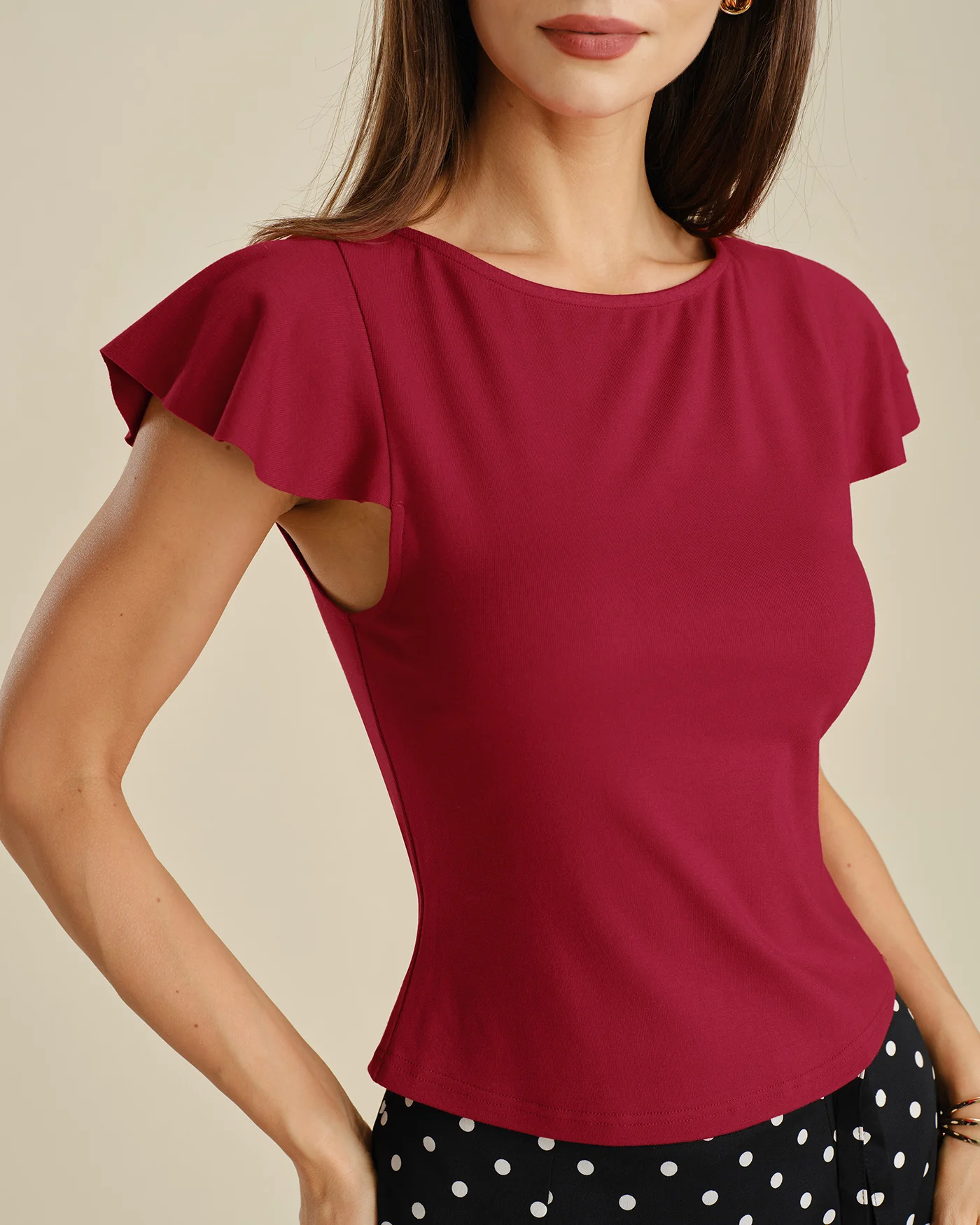 Red Solid Boat Neck Knit Tee - Image 6