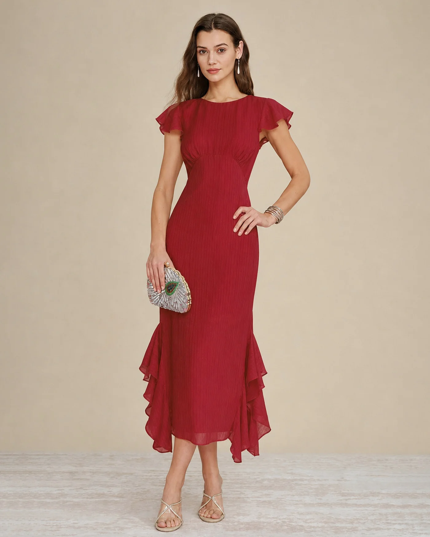 Red Solid Boat Neck Ruffle Midi Dress - Image 2