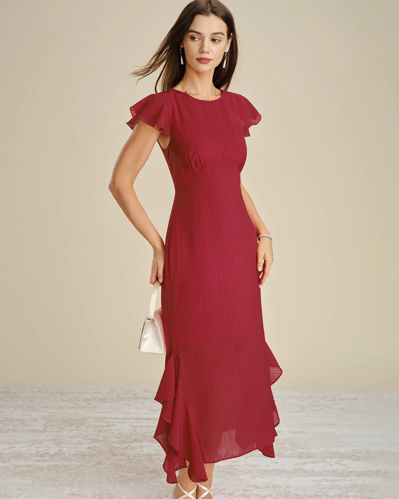 Red Solid Boat Neck Ruffle Midi Dress - Image 6
