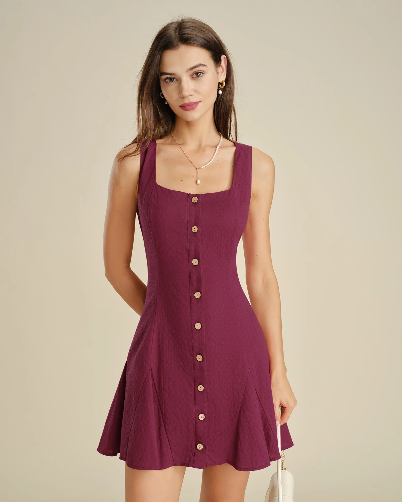 Red Square Neck Button Mini Dress - Image 2