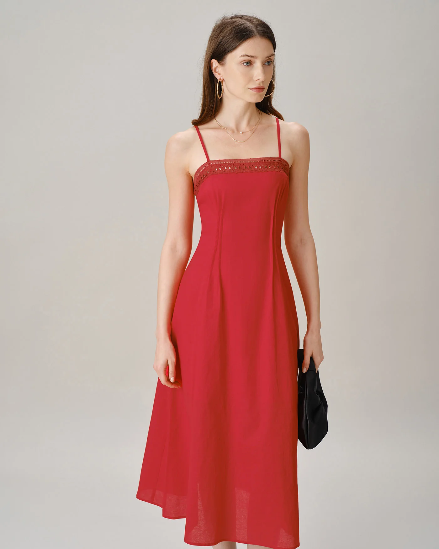 Red Square Neck Lace A-Line Midi Dress - Image 3