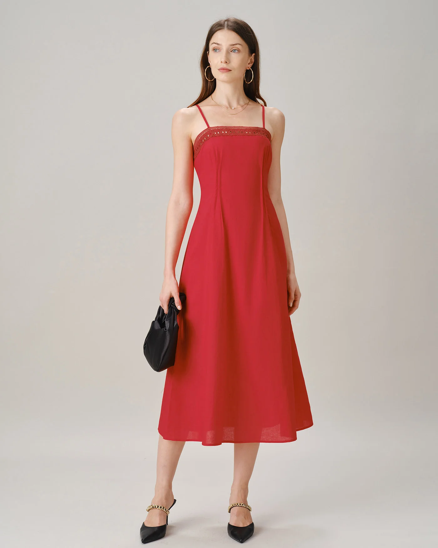 Red Square Neck Lace A-Line Midi Dress - Image 4