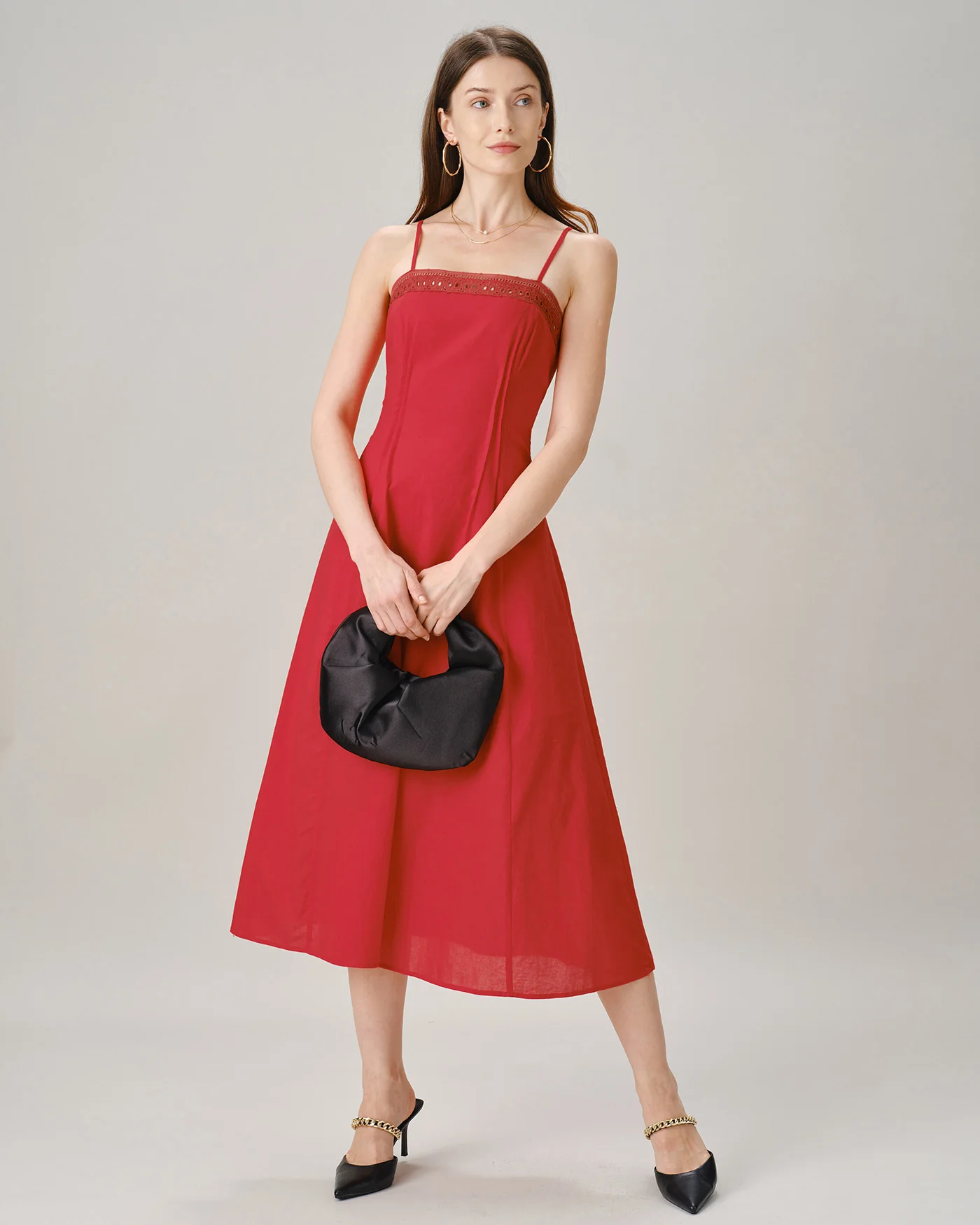 Red Square Neck Lace A-Line Midi Dress - Image 5