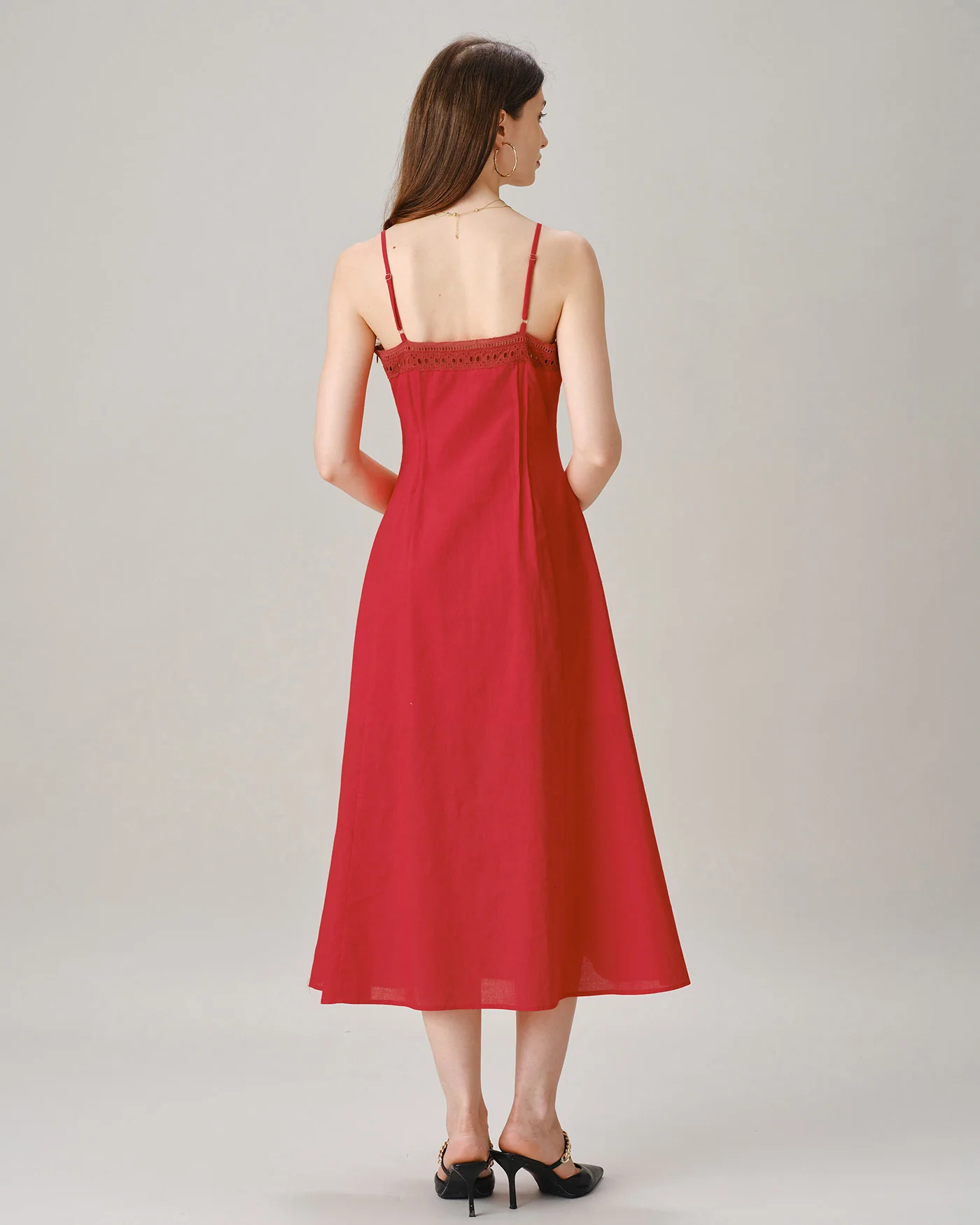 Red Square Neck Lace A-Line Midi Dress - Image 6