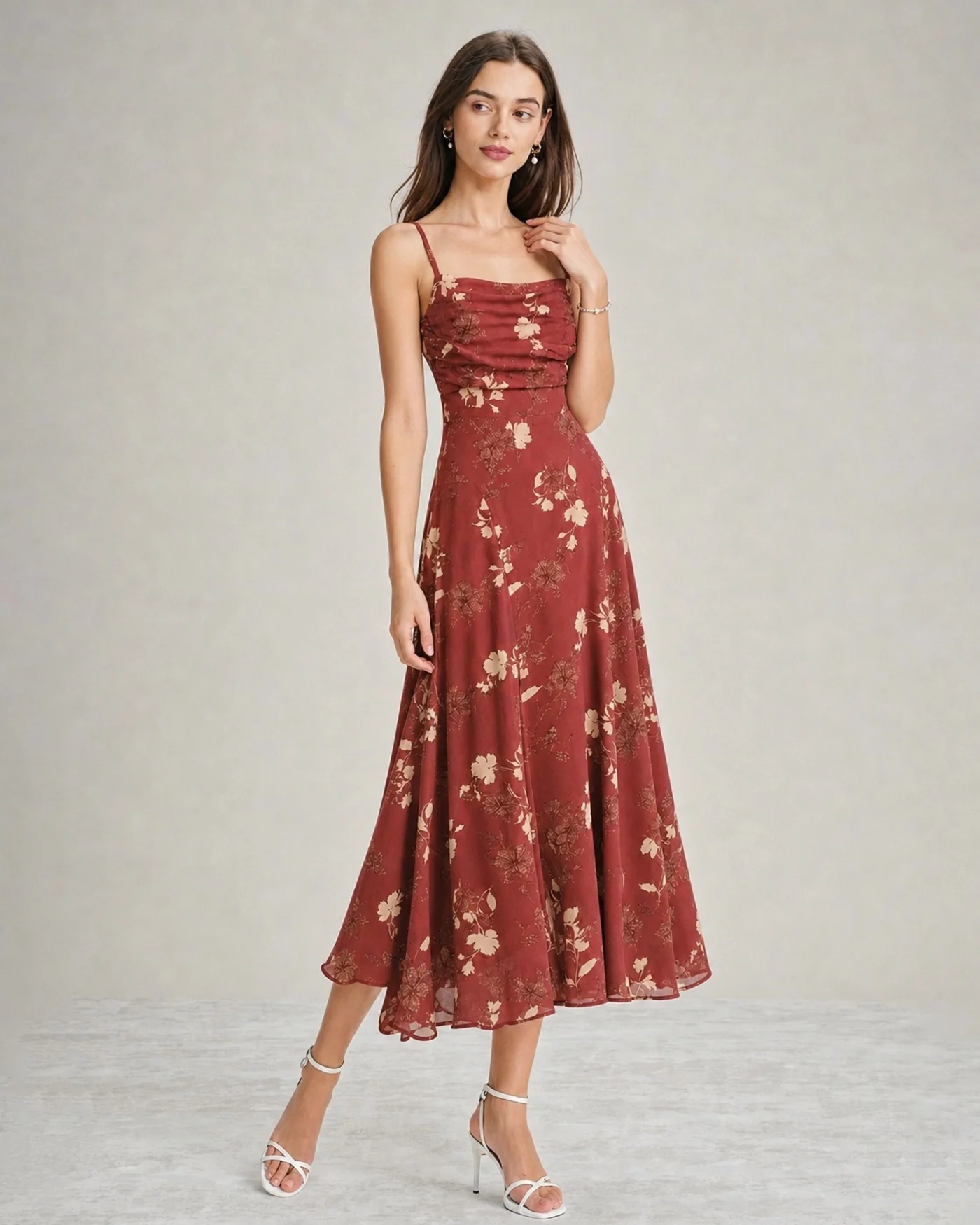 Red Square Neck X Cross Floral Maxi Dress - Image 3