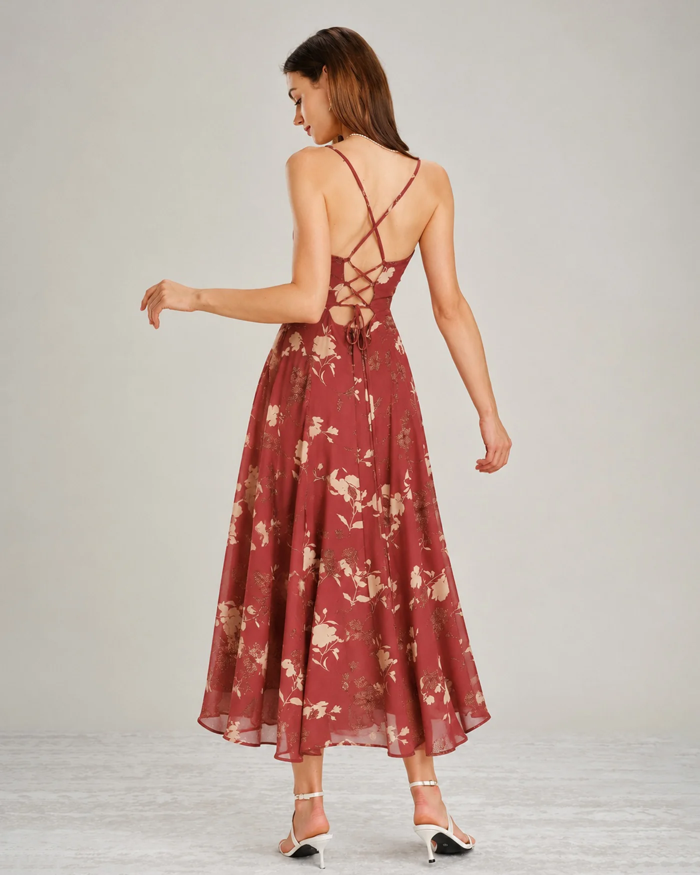 Red Square Neck X Cross Floral Maxi Dress - Image 4
