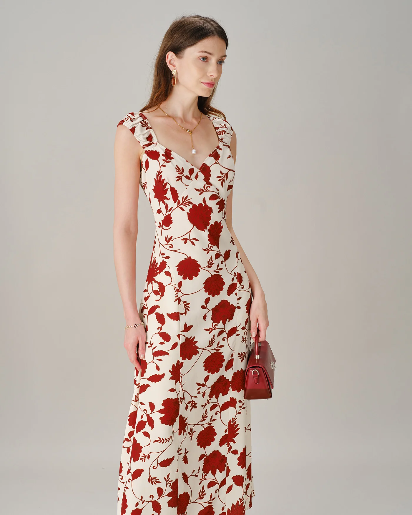 Red Sweetheart Neck Tie Floral Maxi Dress - Image 3