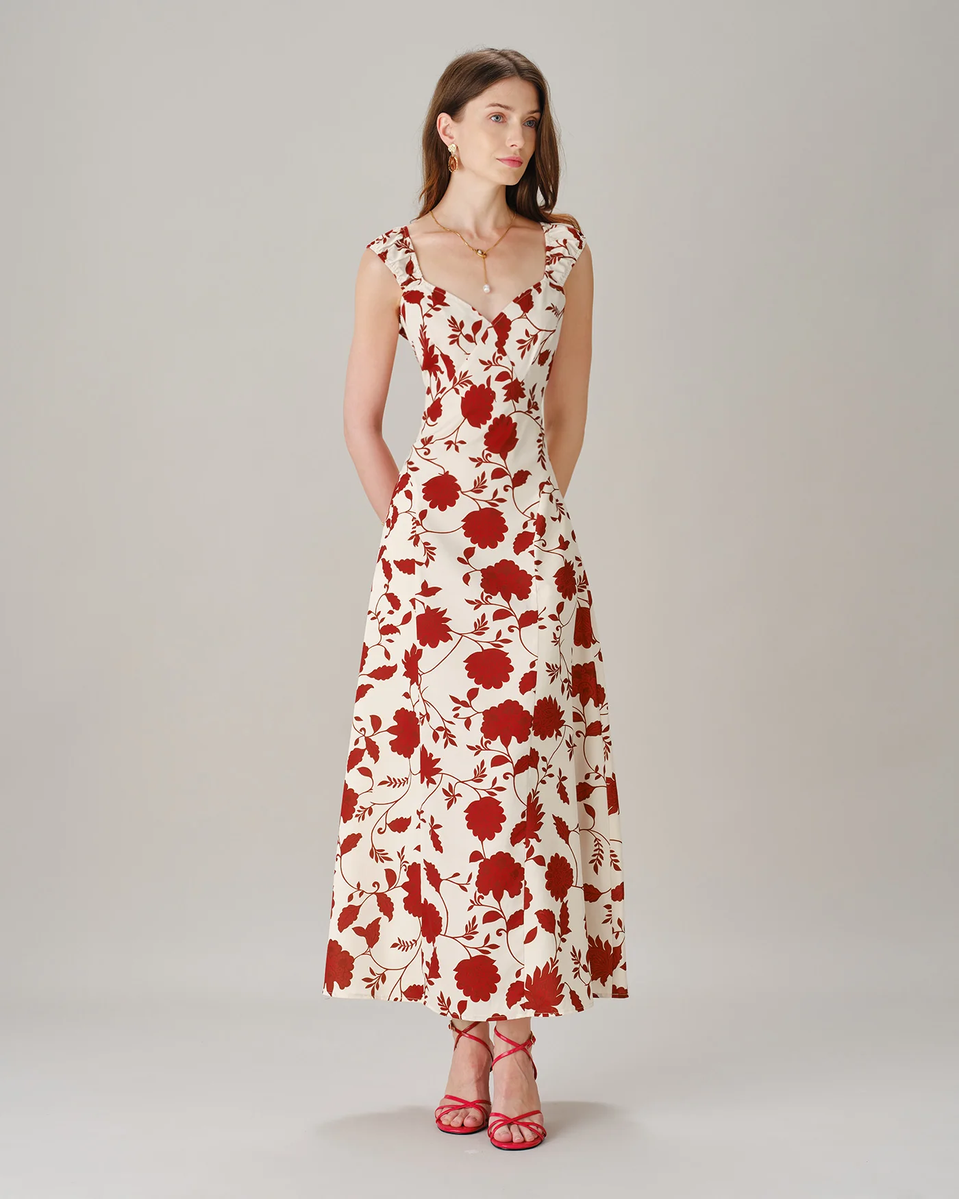 Red Sweetheart Neck Tie Floral Maxi Dress - Image 4