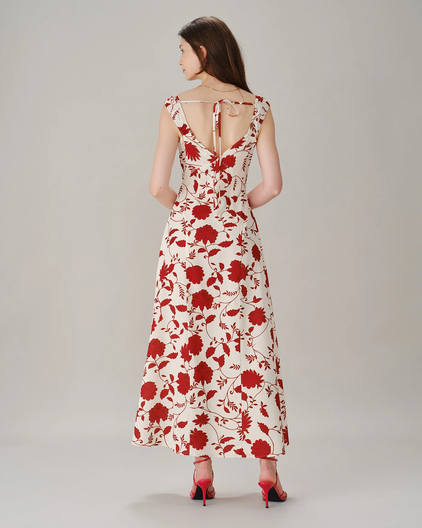 Red Sweetheart Neck Tie Floral Maxi Dress - Image 5