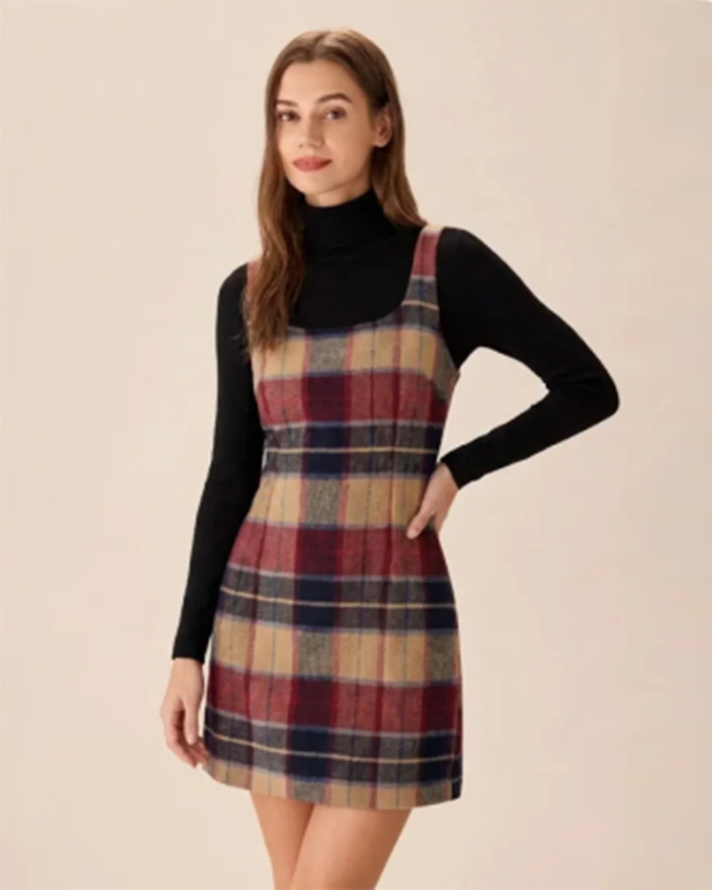 Red U Neck Plaid Mini Dress
