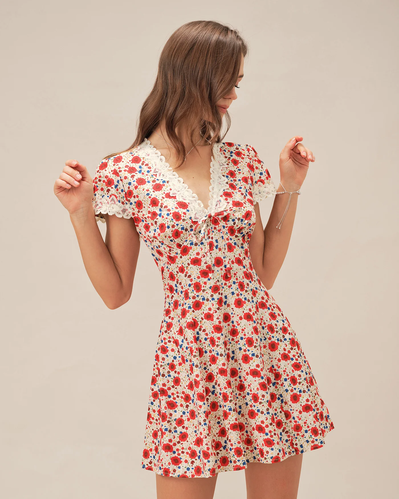 Red V Neck Floral Lace Mini Dress - Image 2