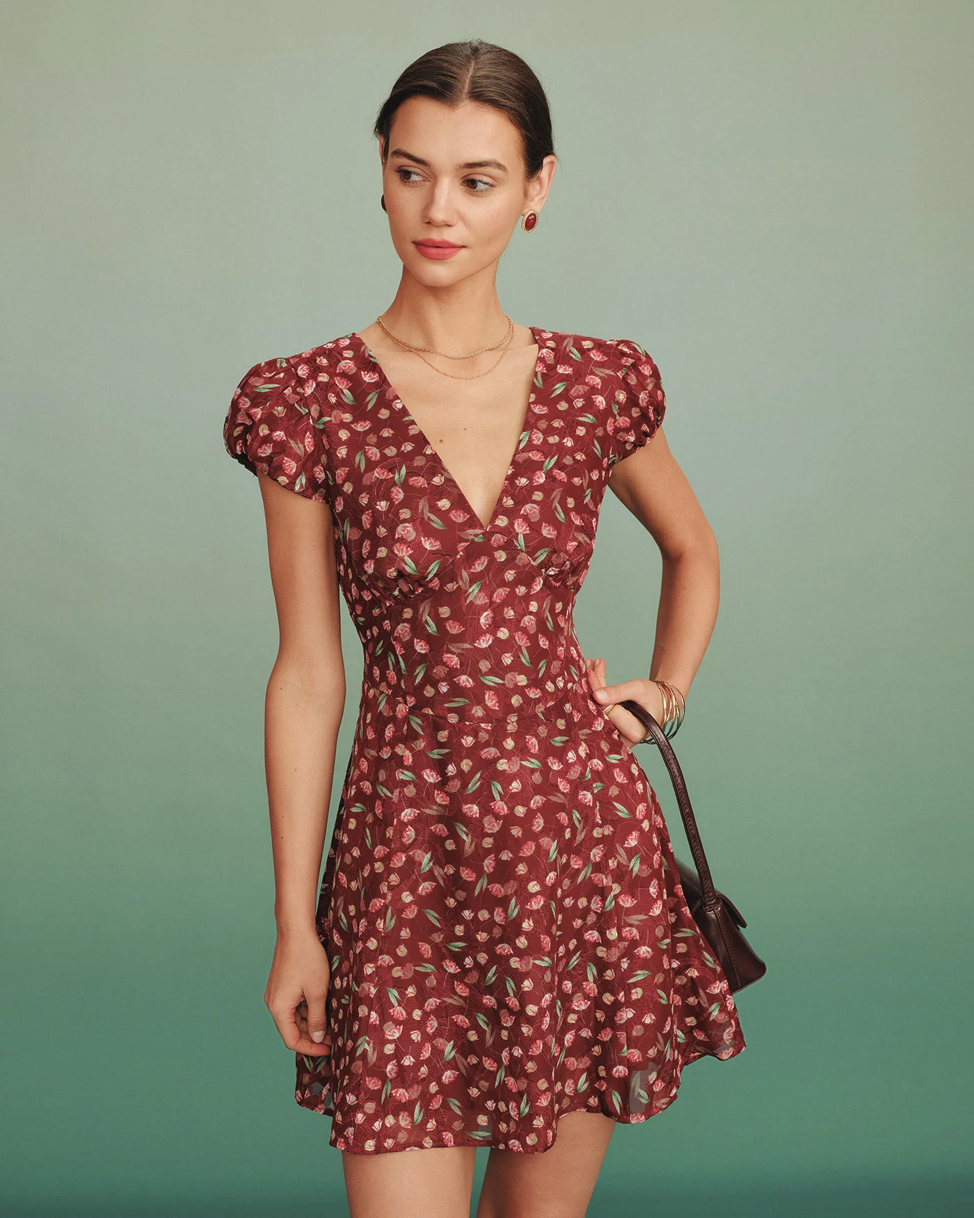 Red V Neck Jacquard Tunic Mini Dress - Image 3