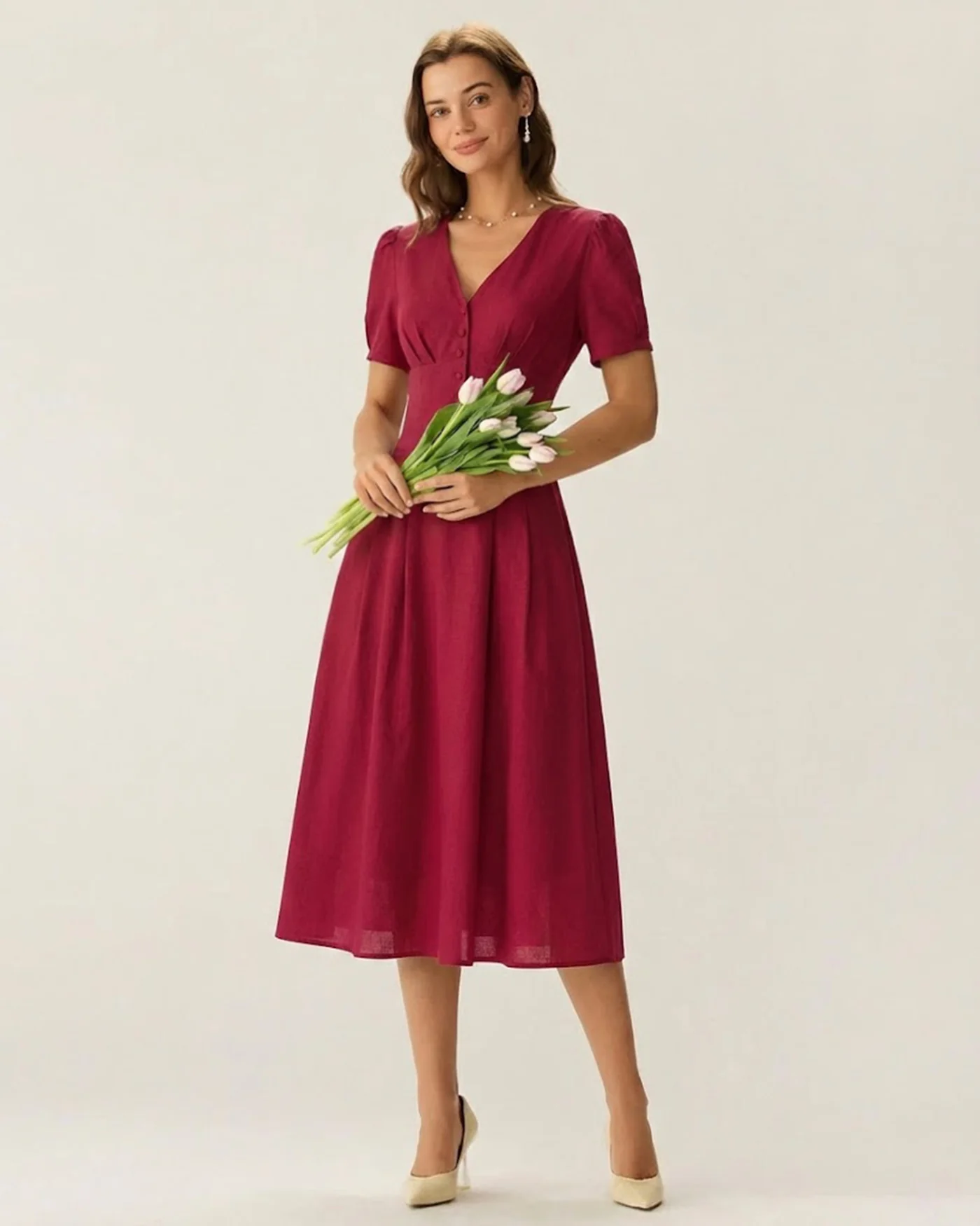 Red V Neck Midi Dress