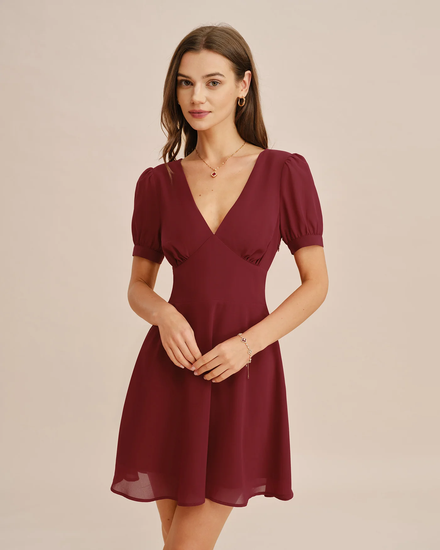 Red V Neck Puffed Sleeve Mini Dress