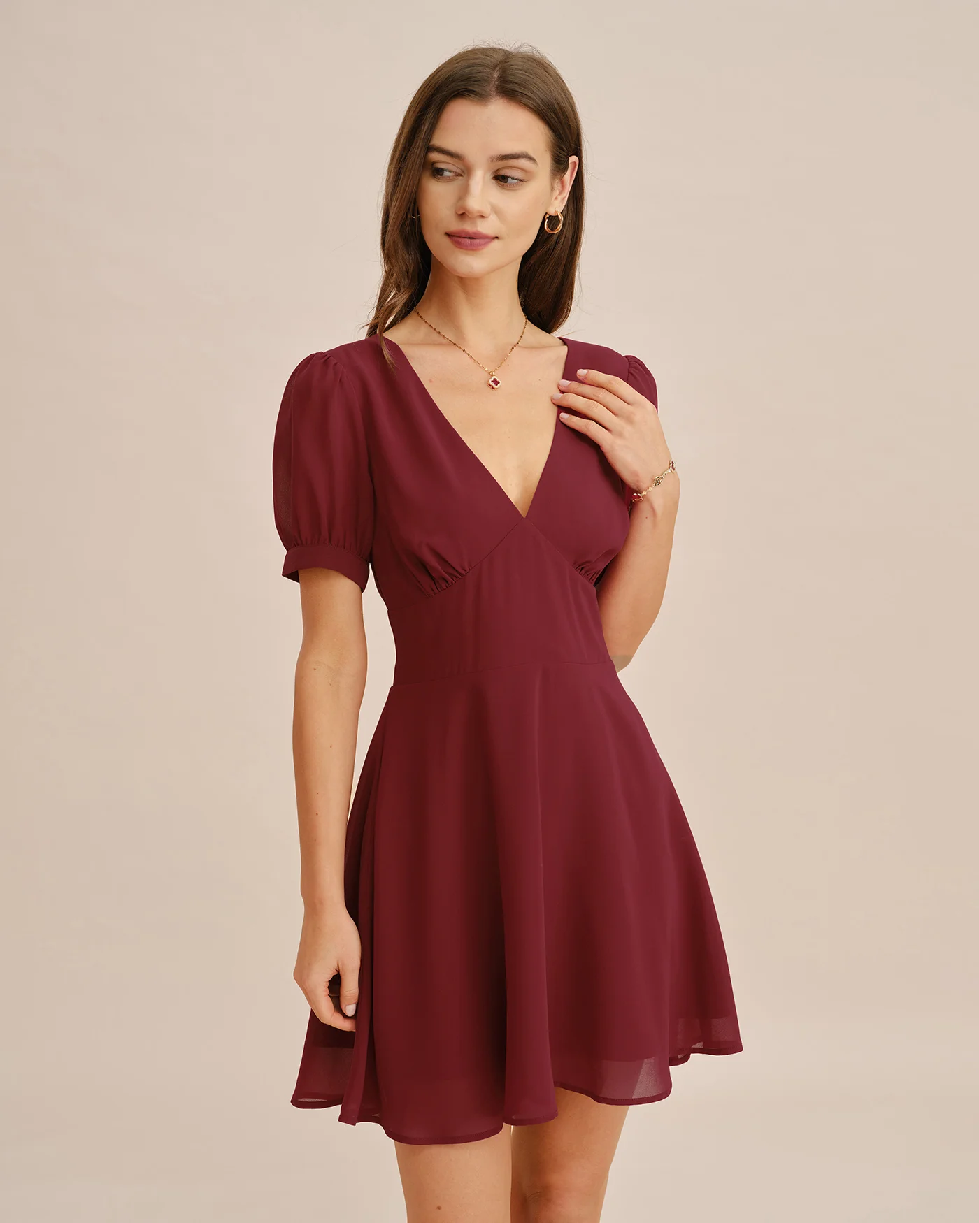 Red V Neck Puffed Sleeve Mini Dress - Image 2