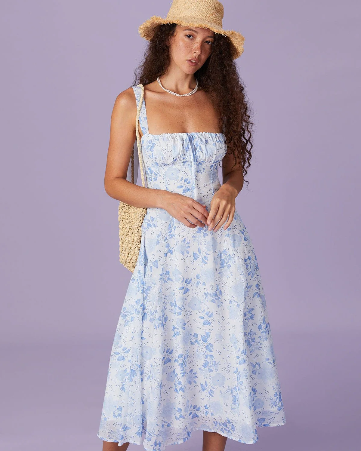 The Blue Square Neck Floral Ruched Midi Dress - Image 2