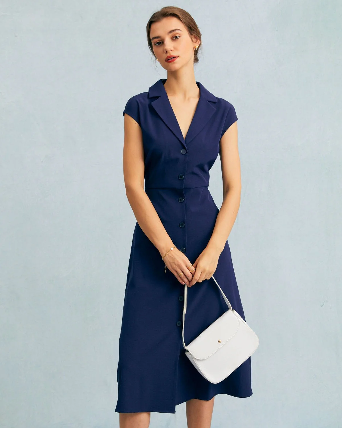 The Navy V Neck Button Cap Sleeve Midi Dress - Image 2