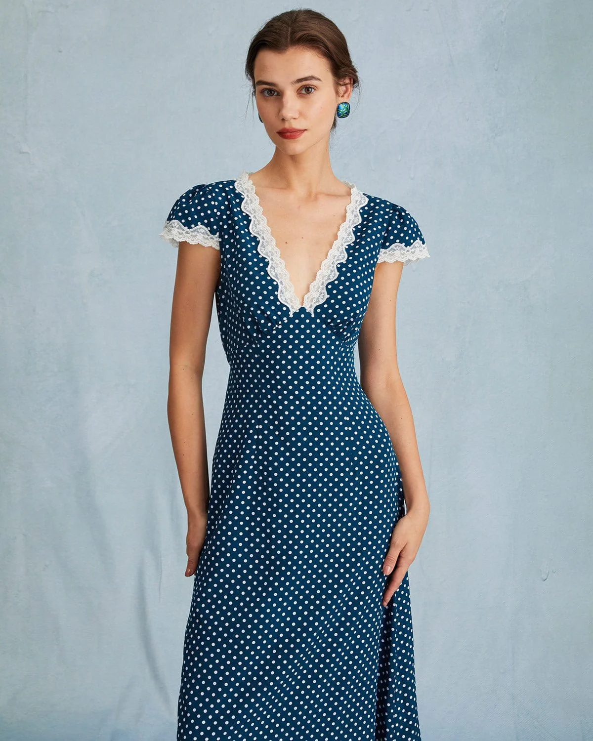 The Navy V Neck Polka Dot Lace Ruched Maxi Dress - Image 2