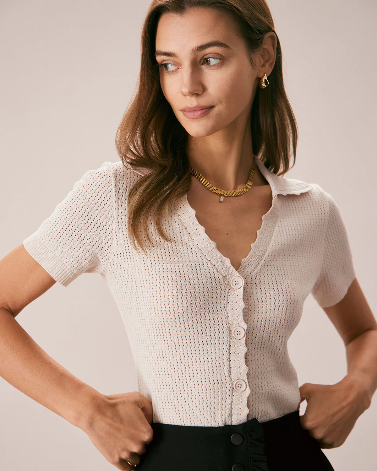 The Nude V Neck Button Pointelle Knit Tee - Image 2