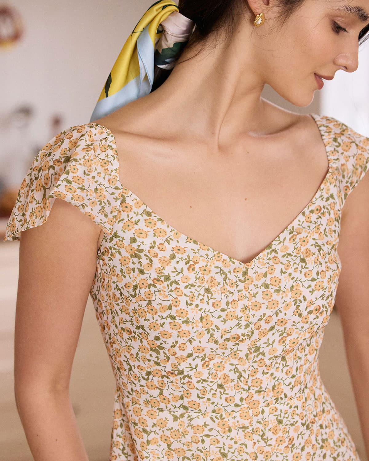 The Yellow V Neck Floral Slit Midi Dress - Image 2