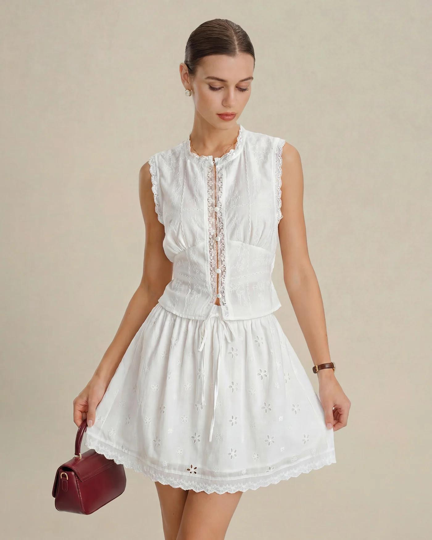 White Embroidery Lace Button Tank Top - Image 3
