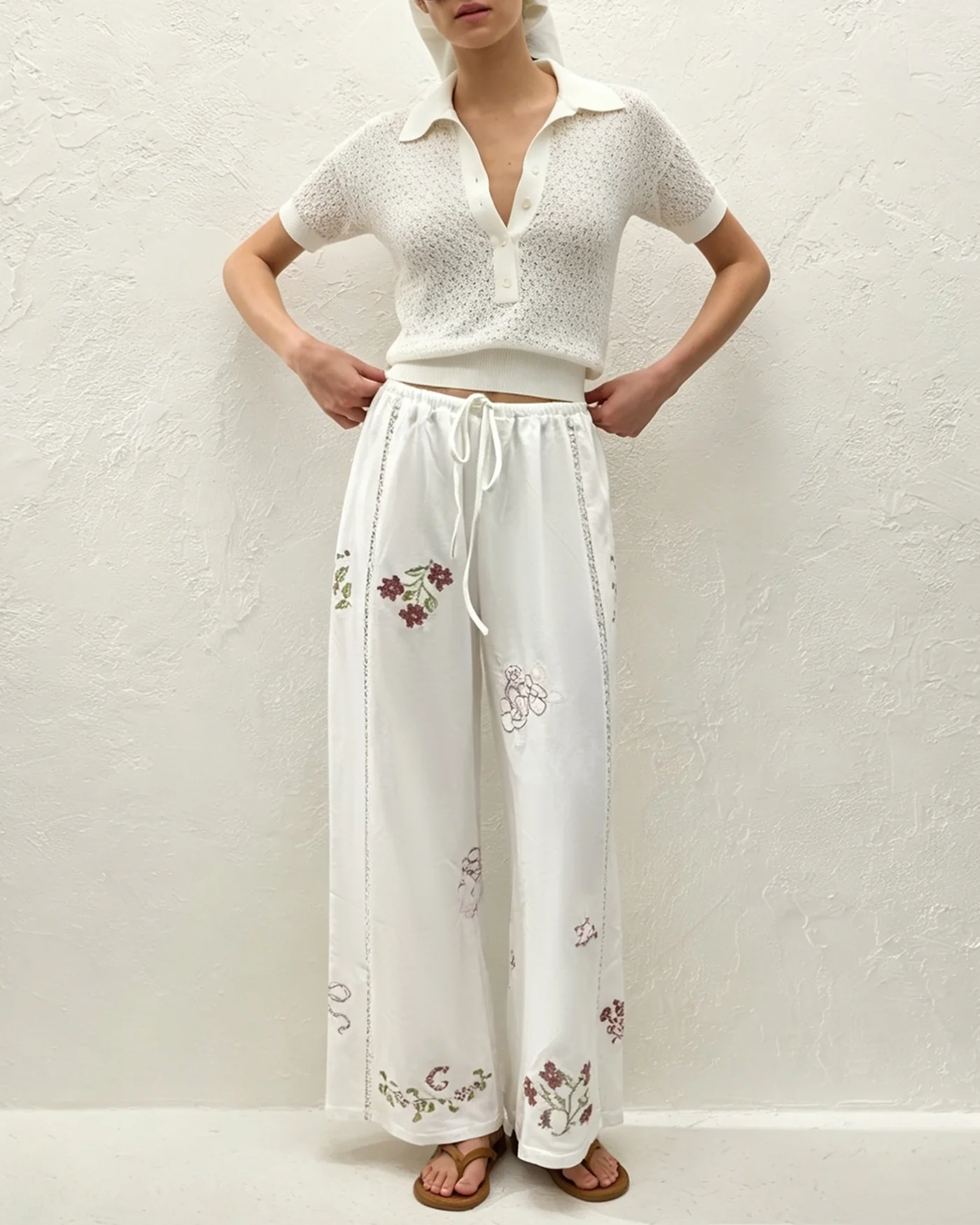 White Floral Embroidery Straight Pants - Image 2