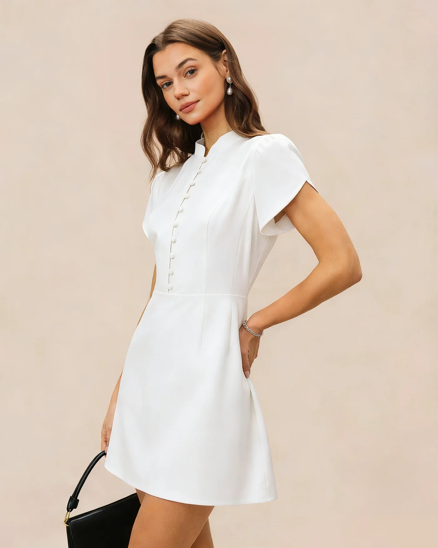 White Mandarin Collar Button Mini Dress - Image 2