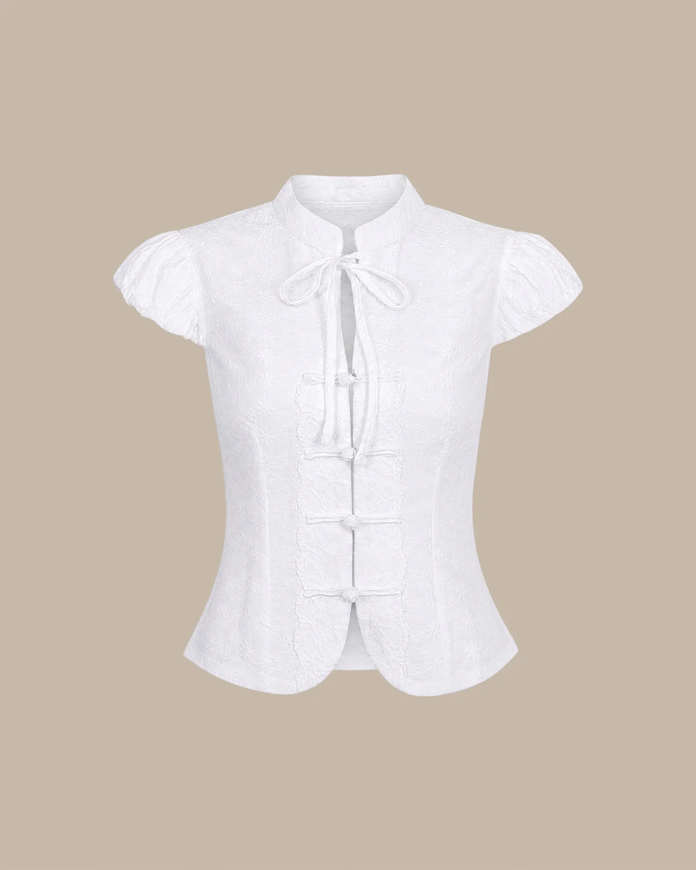 White Mandarin Collar Embroidery Blouse - Image 6