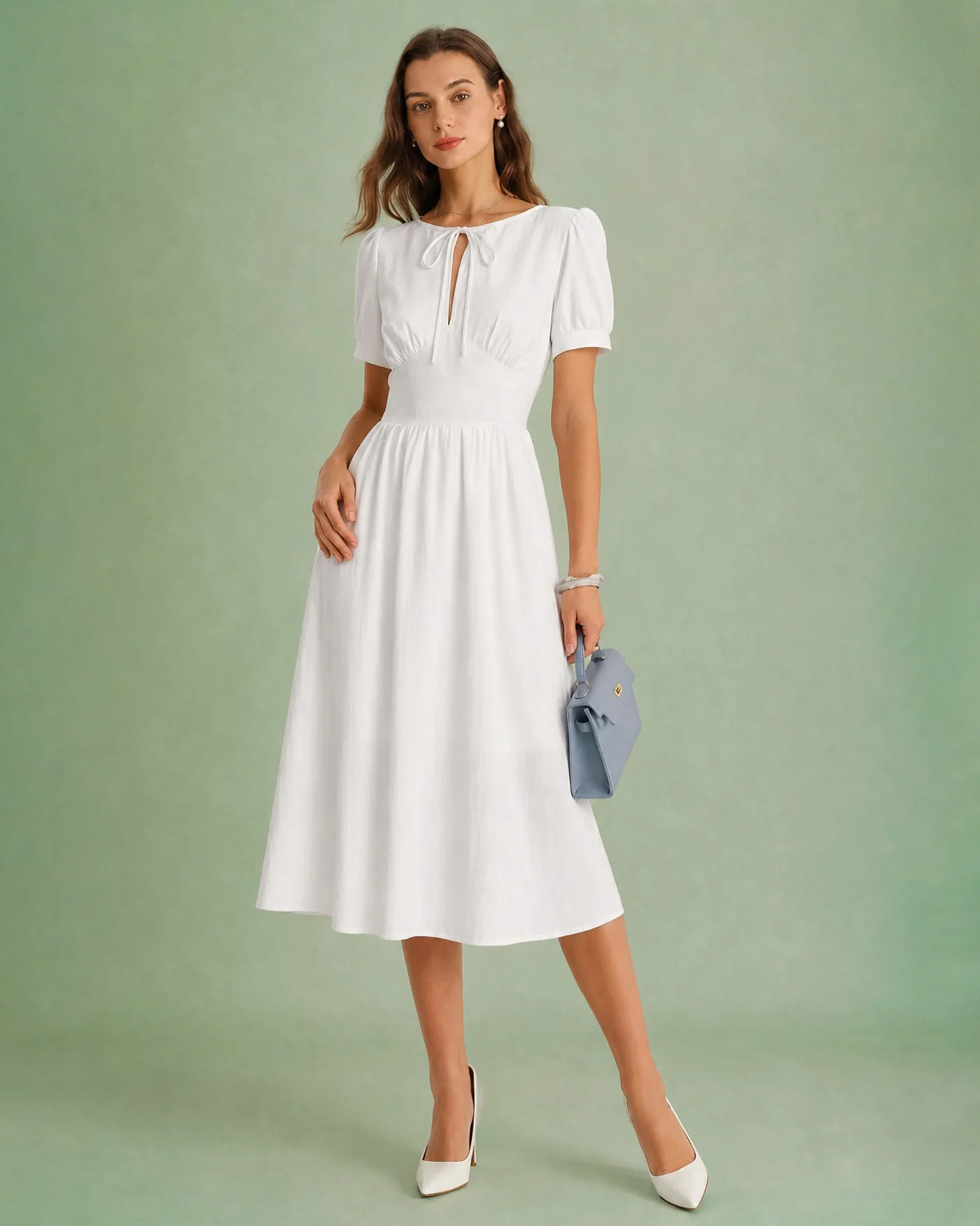 White Puffed Sleeve A-Line Midi Dress - Image 3