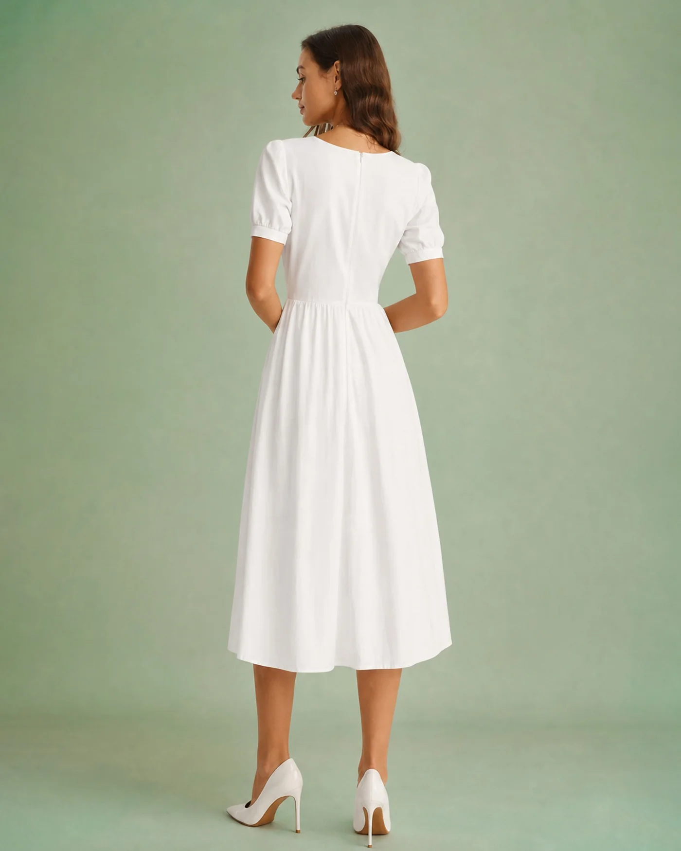 White Puffed Sleeve A-Line Midi Dress - Image 4