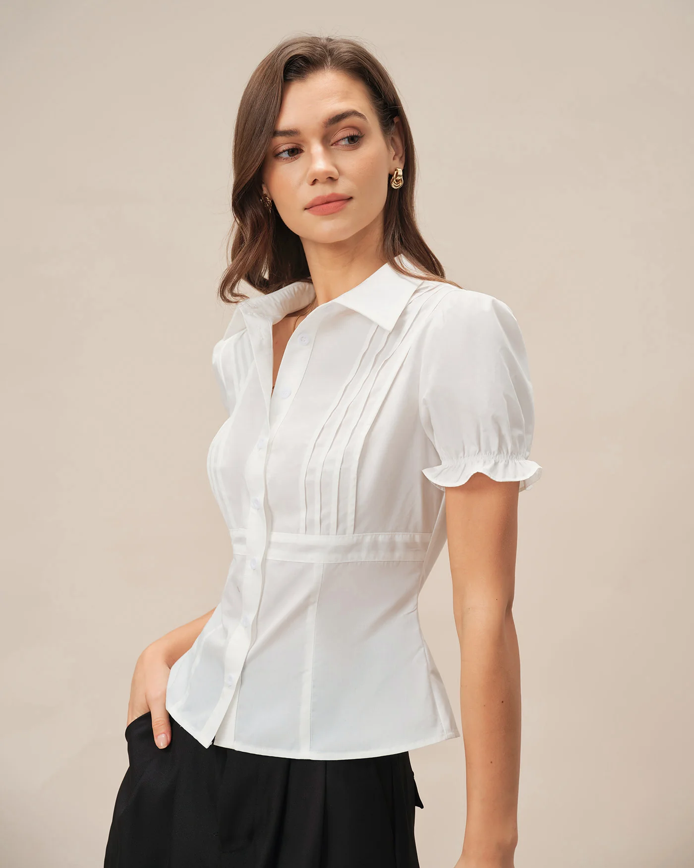 White Puffed Sleeve Collar Blouse - Image 4