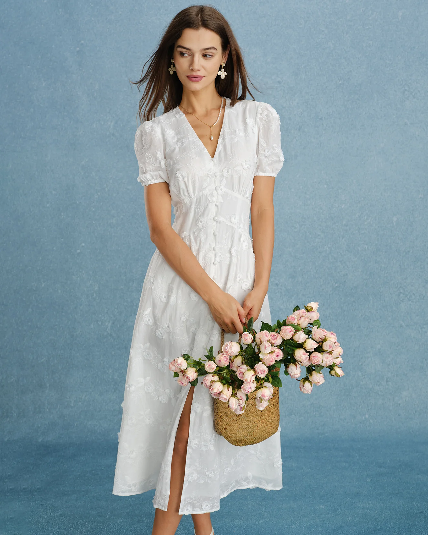 White Puffed Sleeve Embroidery Midi Dress - Image 4