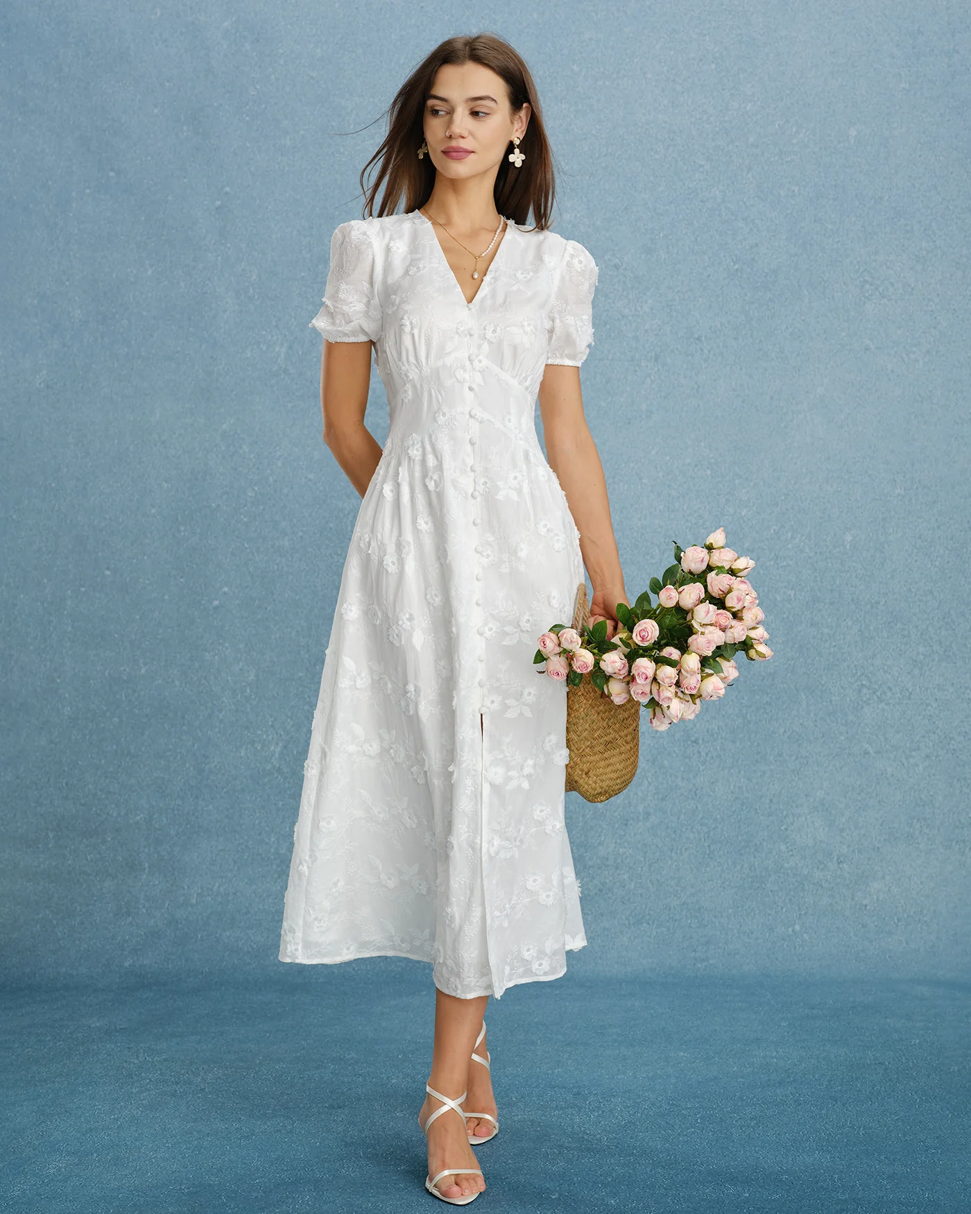 White Puffed Sleeve Embroidery Midi Dress - Image 5
