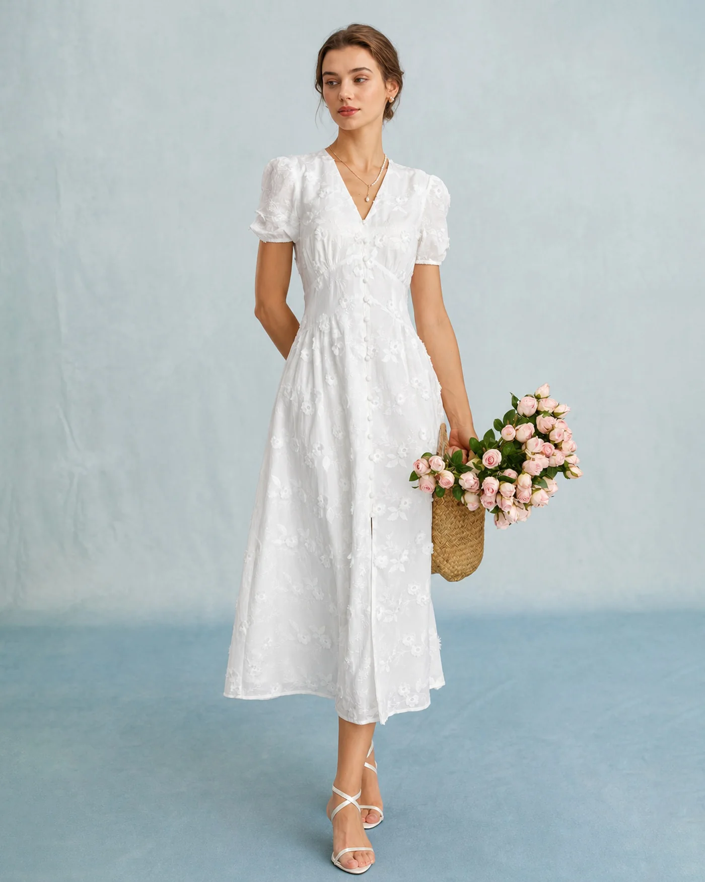 White Puffed Sleeve Embroidery Midi Dress - Image 6
