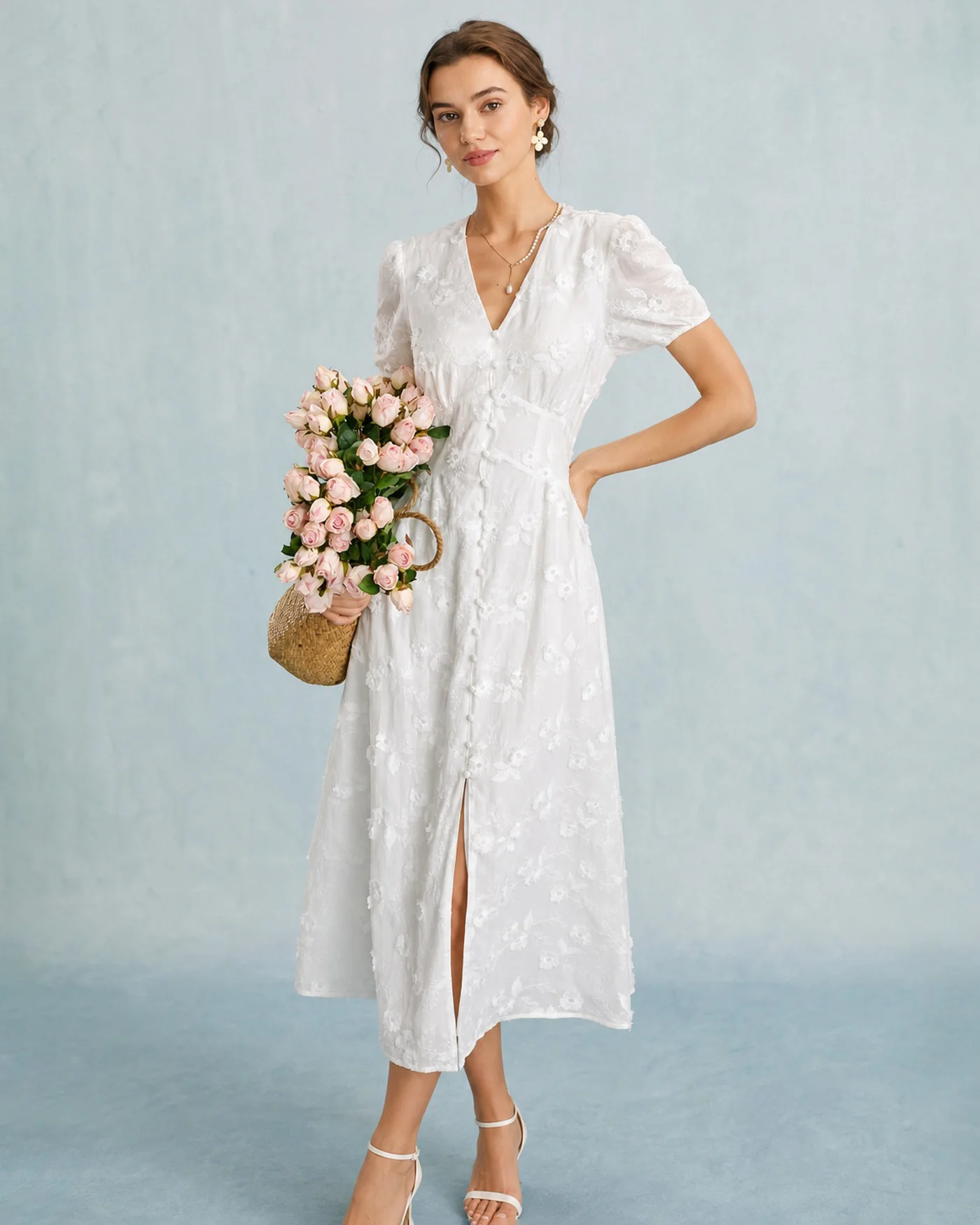 White Puffed Sleeve Embroidery Midi Dress - Image 7