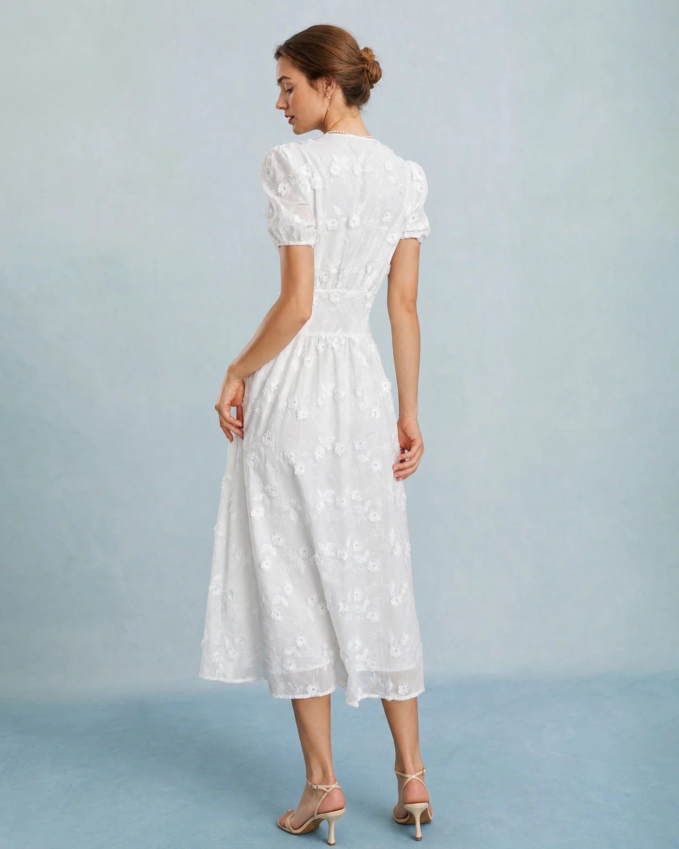 White Puffed Sleeve Embroidery Midi Dress - Image 8