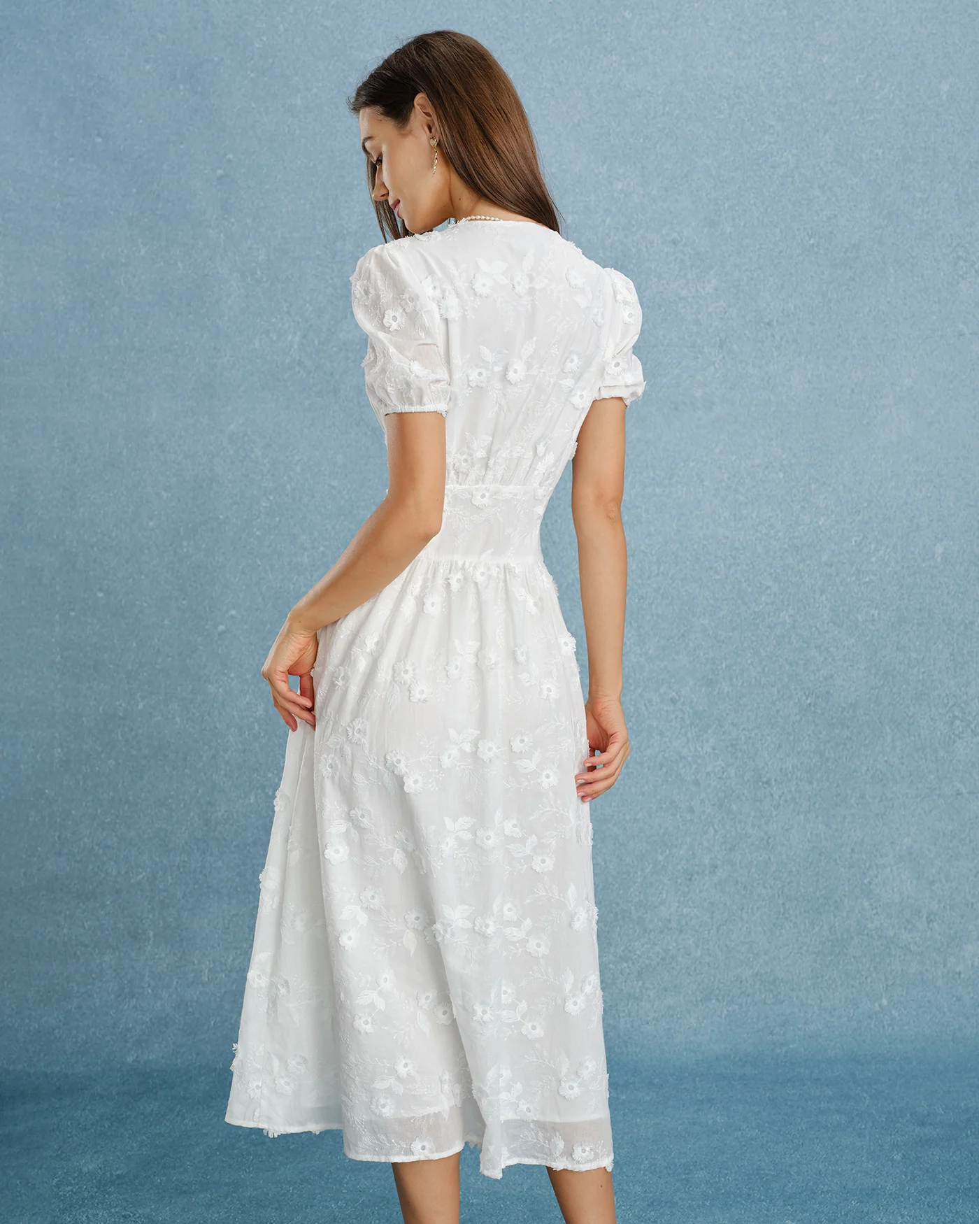 White Puffed Sleeve Embroidery Midi Dress - Image 9