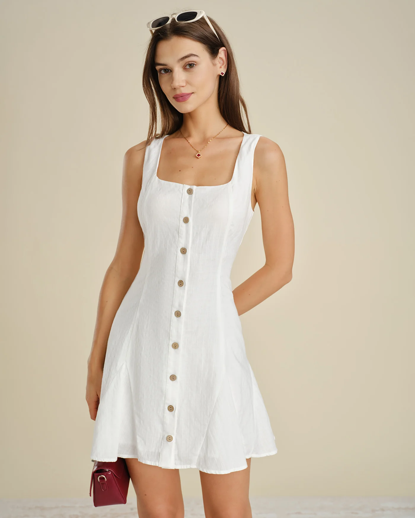 White Square Neck Button A-Line Mini Dress - Image 2
