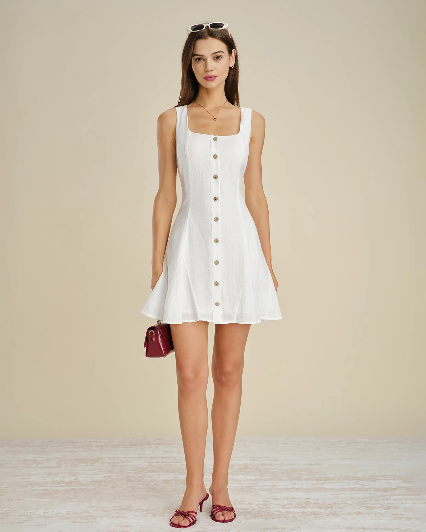 White Square Neck Button A-Line Mini Dress - Image 4