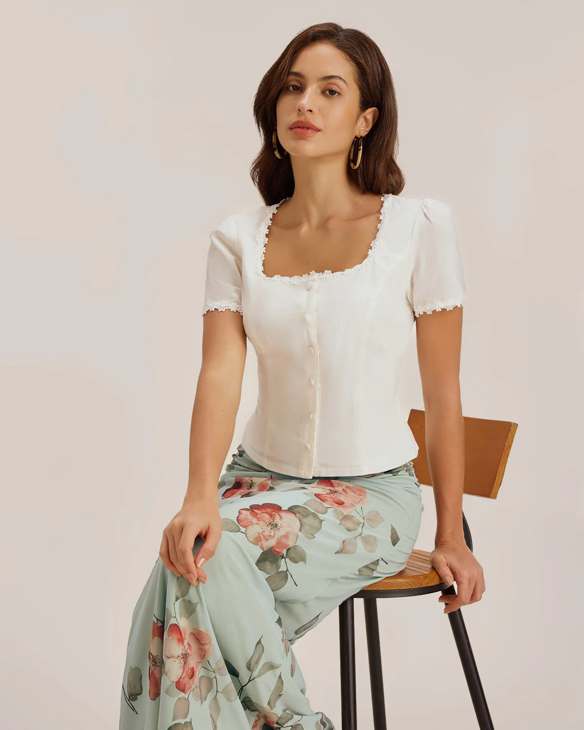 White Square Neck Button Lace Blouse - Image 4