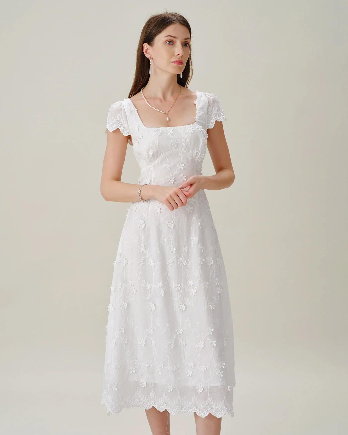 White Square Neck Embroidery Midi Dress - Image 2