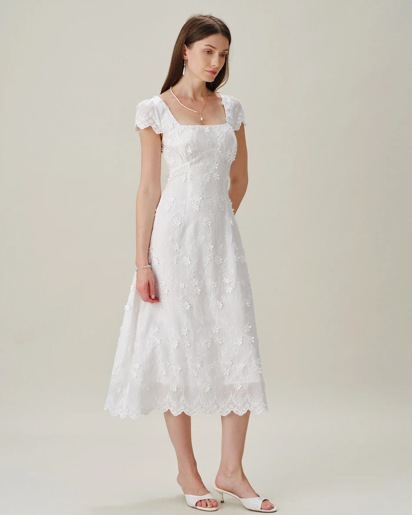 White Square Neck Embroidery Midi Dress - Image 4