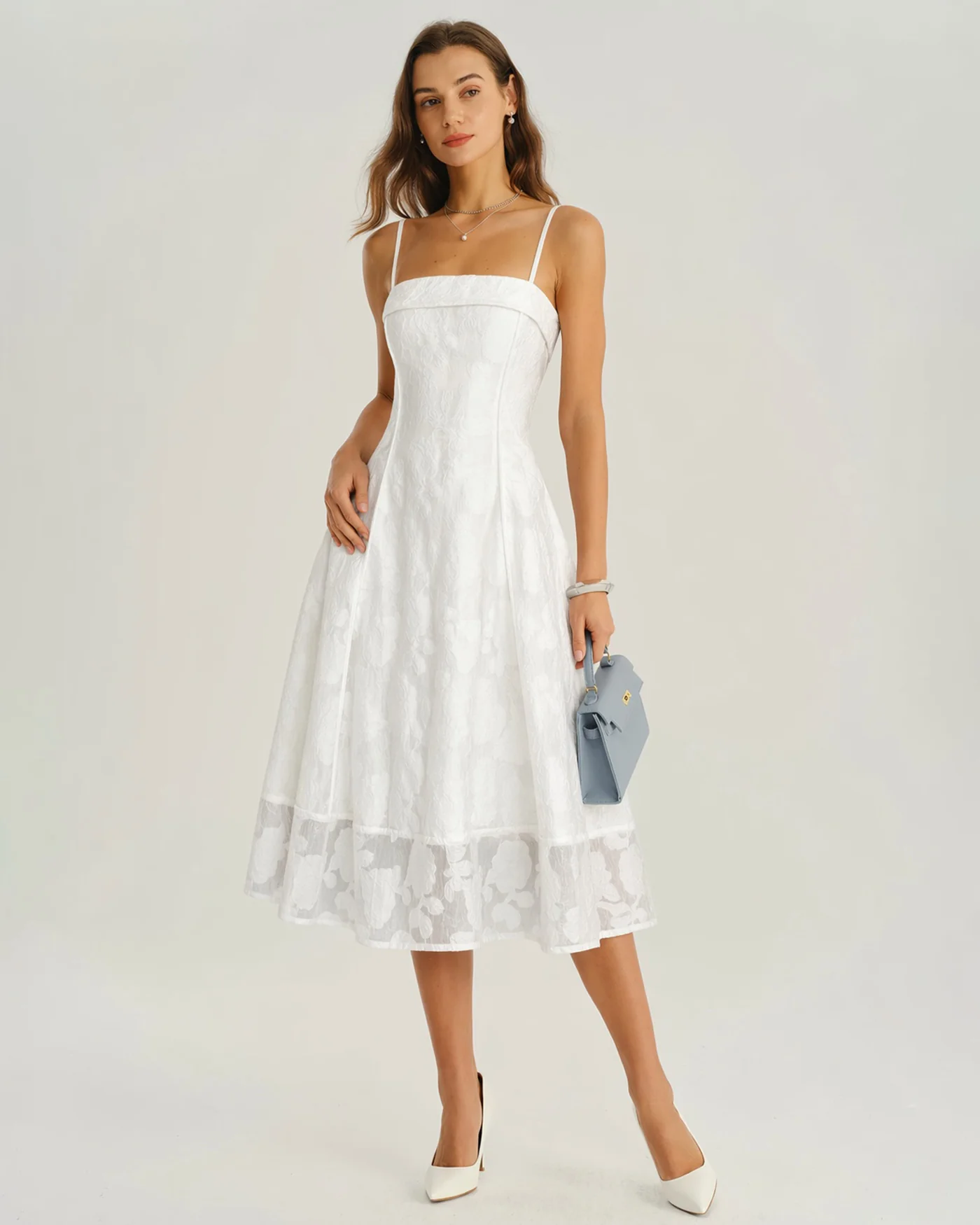 White Square Neck Jacquard Slip Midi Dress